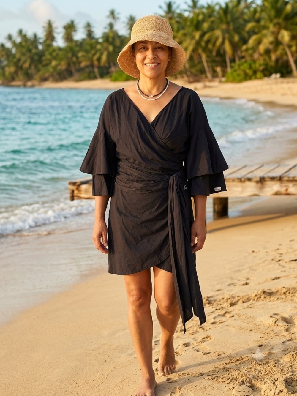 Wayf Navy Wrap Dress with Tiered Bell Sleeves